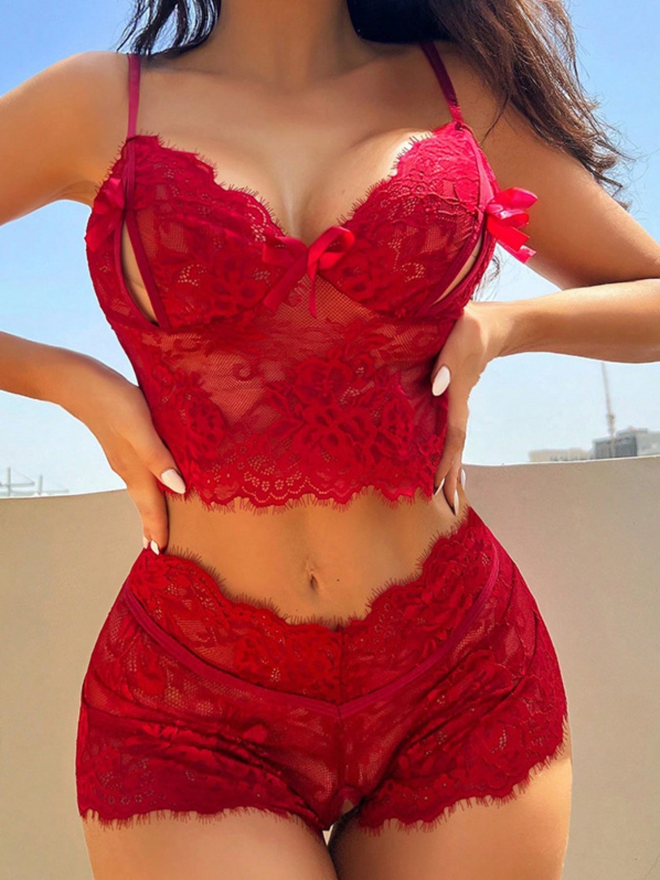 Sexy Lingerie Set in Blue, Red, or Pink, See-Through Lace Peek-a-Boo Cutouts, Adjustable Straps, Sizes S-XL, Perfect for Special Nights and Romantic Getaways